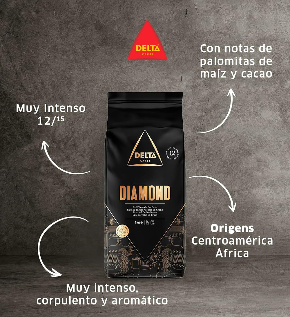 Delta Cafés - Kaffee in Diamantbohne - 2 Packungen à 1 kg - Intensität 8 - Mischung aus Arabica gerösteten Kaffeebohnen und Robusta - Sehr aromatisch mit Noten von gerösteten Nüssen