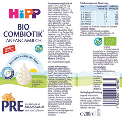 Formulă combiotică organică HiPP PRE, gata de băut (6 x 200 ml), lapte pentru sugari de la naștere, conține doar lactoză ca și carbohidrat, de cea mai bună calitate organică