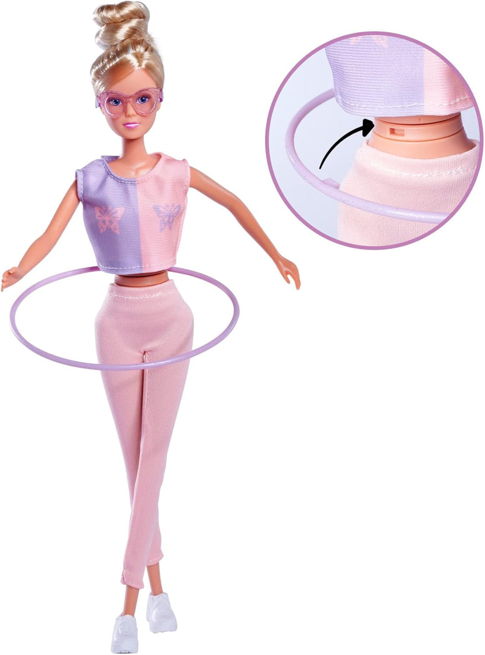 Simba 105733619 - Steffi Love Hula Hoop, păpușă de jucărie cu ținută sport, hula hoop și funcție mecanică, 29 cm, vârste 3+