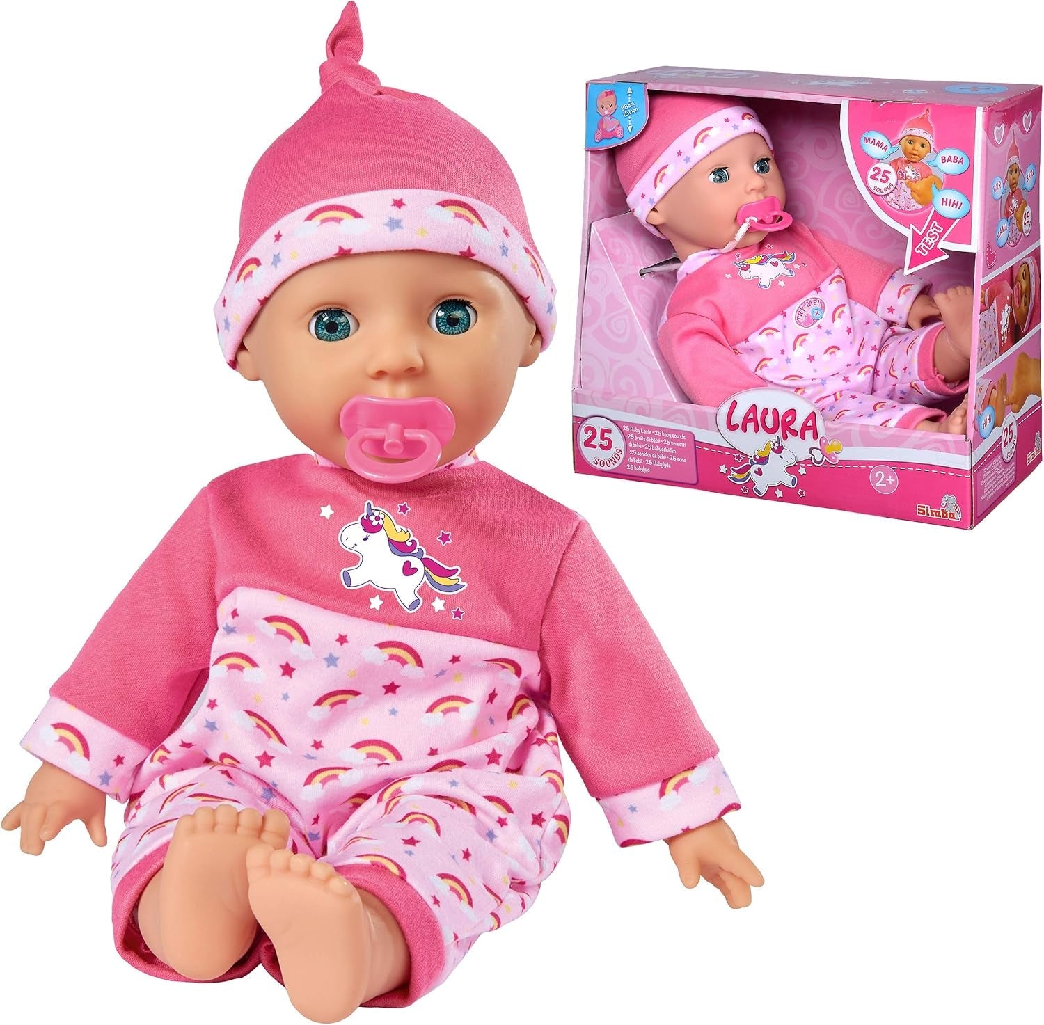 Simba 105140060 - Laura Kitzel Baby, Weichkörperpuppe mit Regenbogenstrampler, macht 25 Babylaute, 38cm, Babypuppe ab 2 Jahre