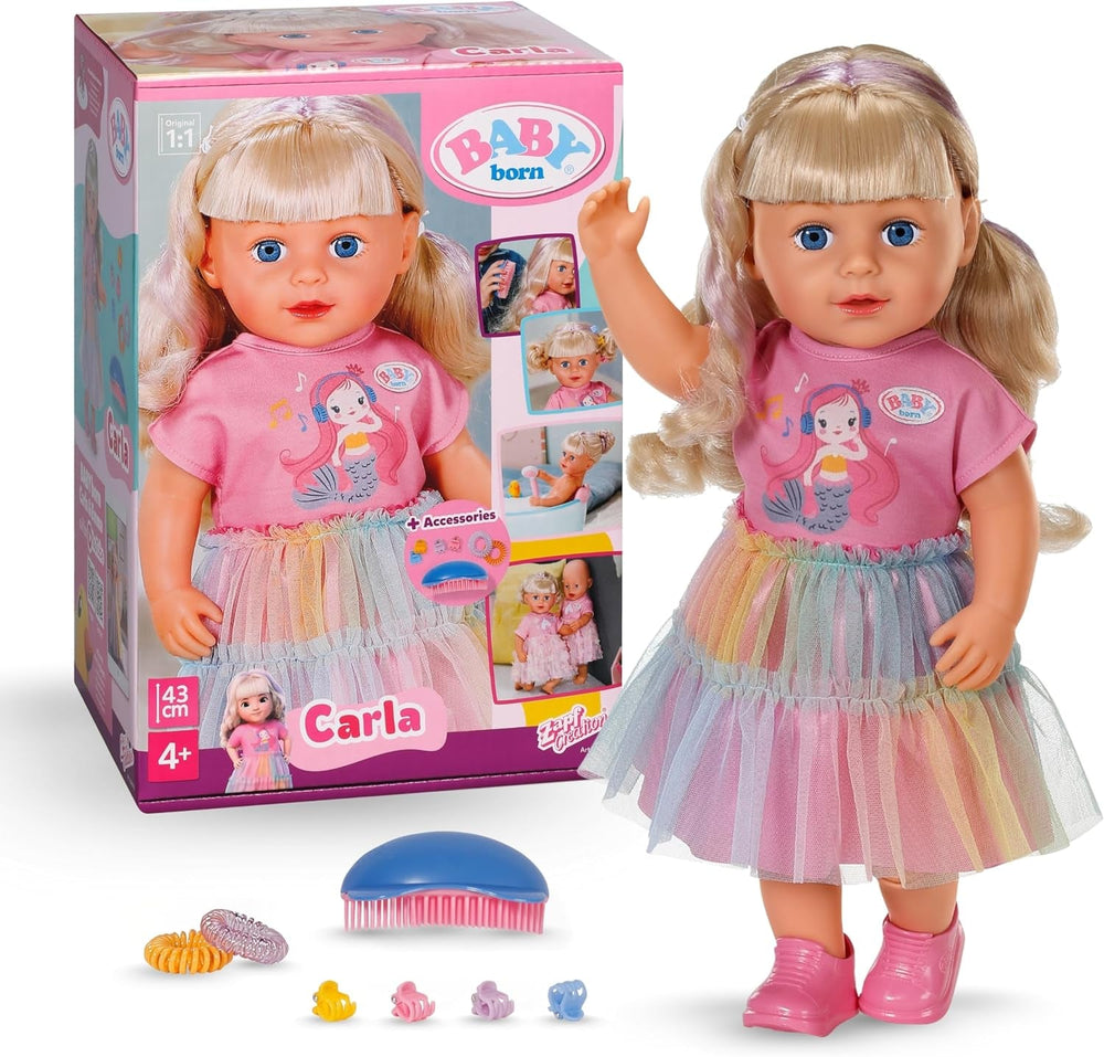 BABY born Carla - 43 cm große Puppe - Hochwertiges Blondes Haar mit Strähnen - Benötigt Keine Batterien - Geeignet für Kinder ab 4 Jahren - Inkl. 7 Accessoires