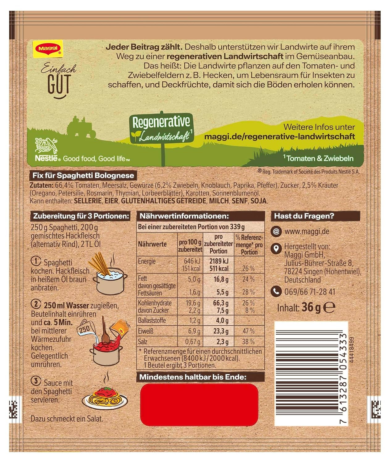 MAGGI Fix für Spaghetti Bolognese, Würzmischung, 100% natürliche Zutaten, für 3 Portionen, 1er Pack (1 x 36g Packung)