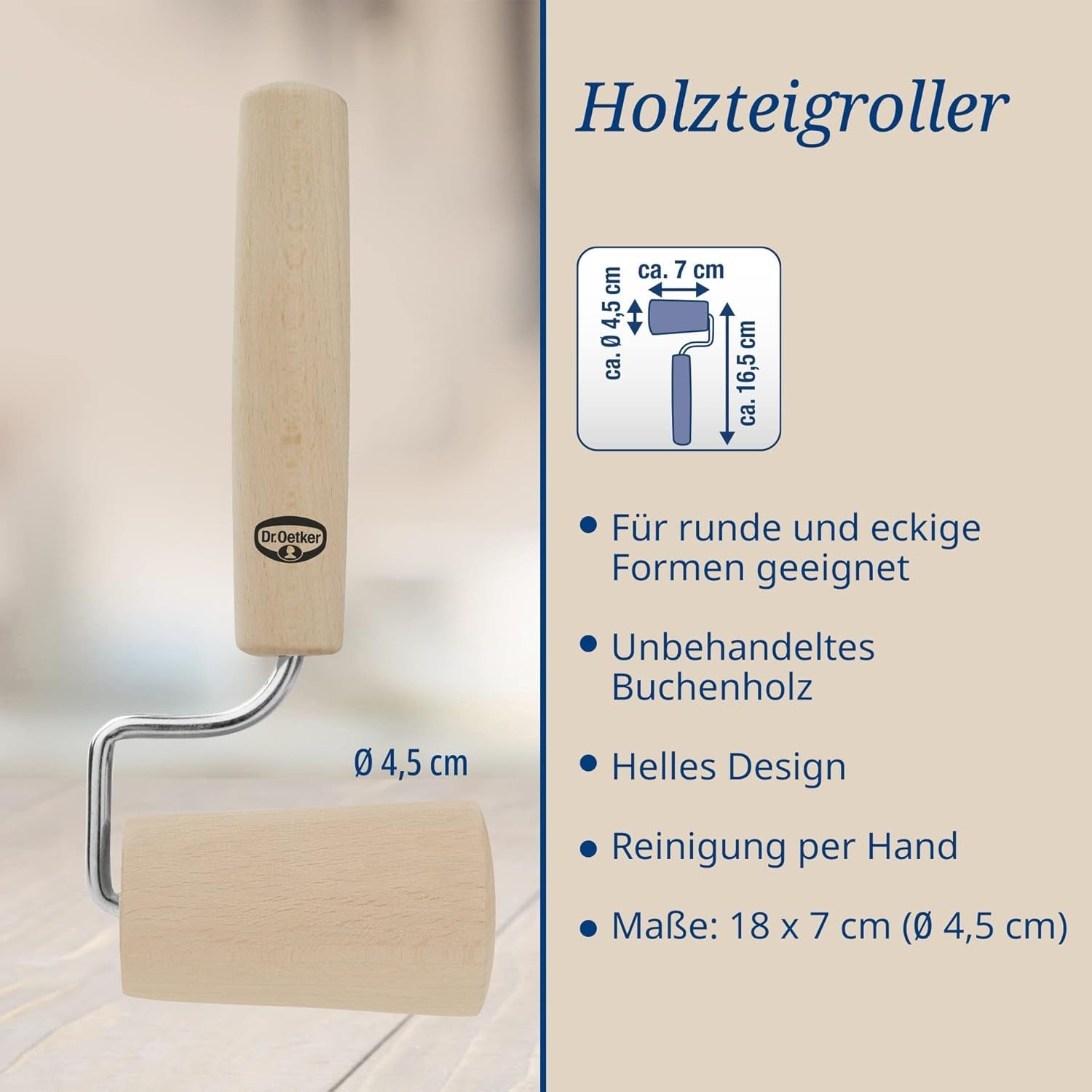 Sucitor din lemn Dr. Oetker – Sucitor din lemn de fag de înaltă calitate – Perfect pentru forme rotunde și pătrate – aprox. 18 x 7 cm, diametru rolă aprox. 4,5 cm