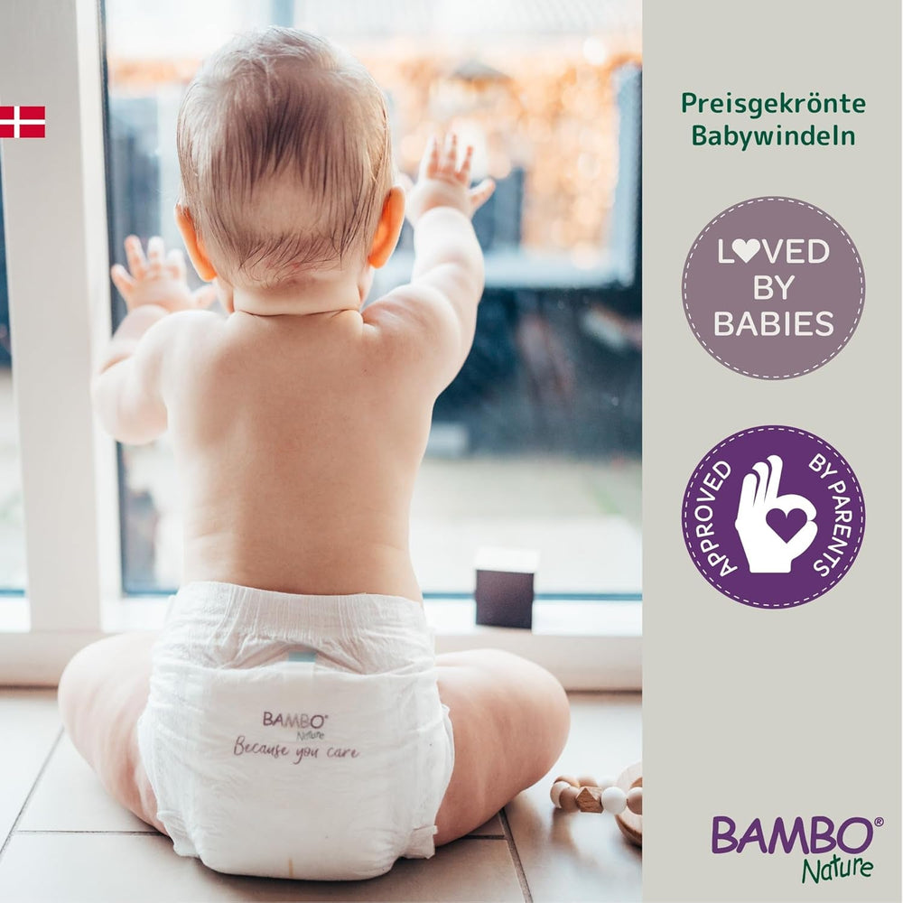 Scutece Bambo Nature pentru bebeluși, mărimea 4 (7-14 kg), 144 buc., cutie lunară | Scutece premium cu protecție îmbunătățită împotriva scurgerilor | Confort și libertate supreme pentru copiii activi | Scutece testate dermatologic