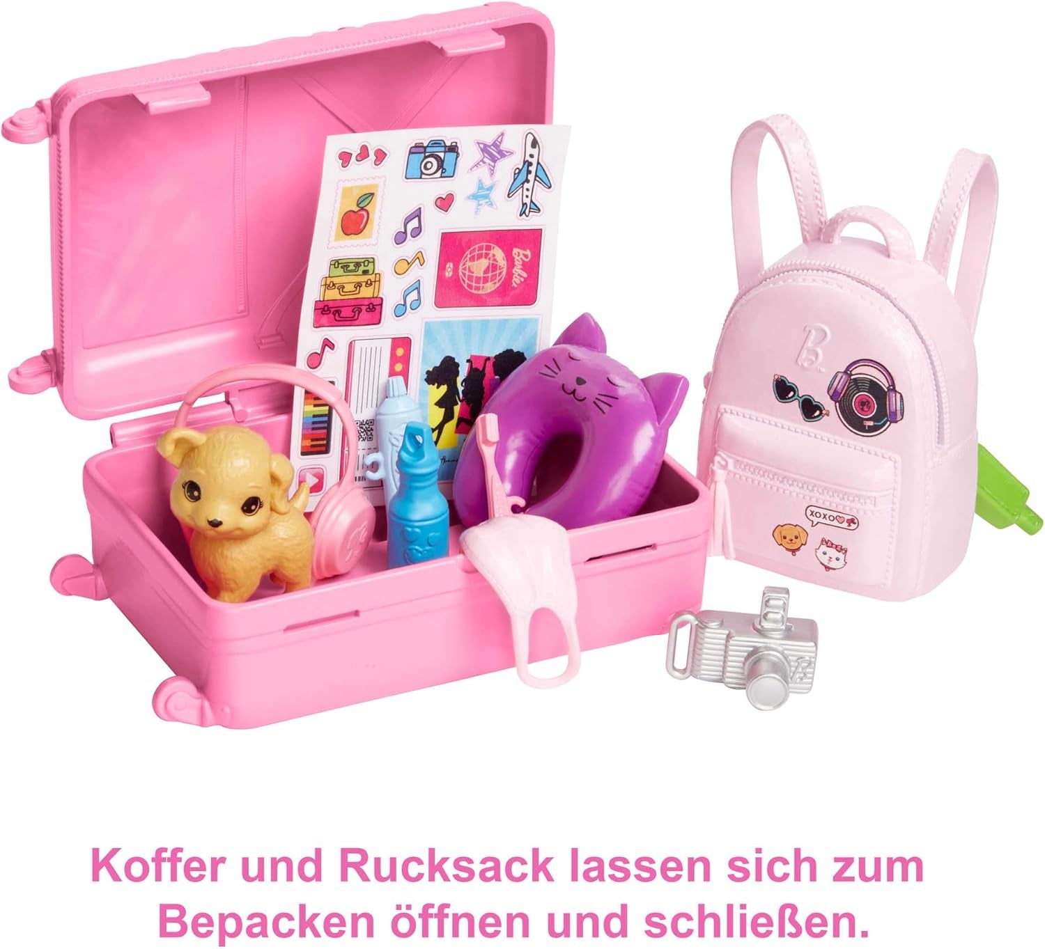 Barbie-Puppe, Reise-Barbie mit blonden Haaren, 10+ Reisezubehör, Aufkleber, Koffer, Welpe, inkl. 1 Puppe, Geschenk für Kinder, Spielzeug ab 3 Jahre,HJY18