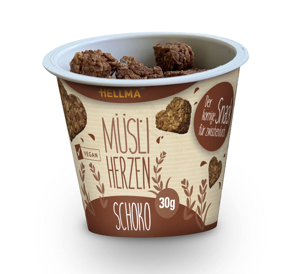 HELLMA Inimioare cu Muesli și Ciocolată - 18 porții, câte 30 g fiecare - Fulgi de ovăz acoperiți cu ciocolată în formă de inimă, pahare la pachet