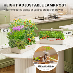 Kit sistem de creștere hidroponică cu 12 capsule, lampă LED de 24W pentru grădină de interior, rezervor de apă de 4L cu pompă silențioasă, jardinieră cu înălțime reglabilă pentru plante aromatice, kit de grădinărit de interior, cadouri de grădinărit, bej