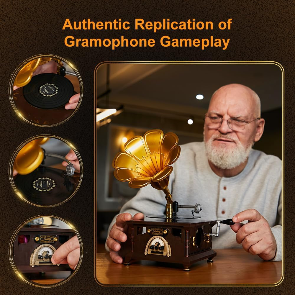 PANTASY Retro-Phonograph-Bausatz, Grammophon-Musikbox-Baukasten, Vintage-Musikspieler-Baustein-Set, Grammophon-Bausteinmodell-Set