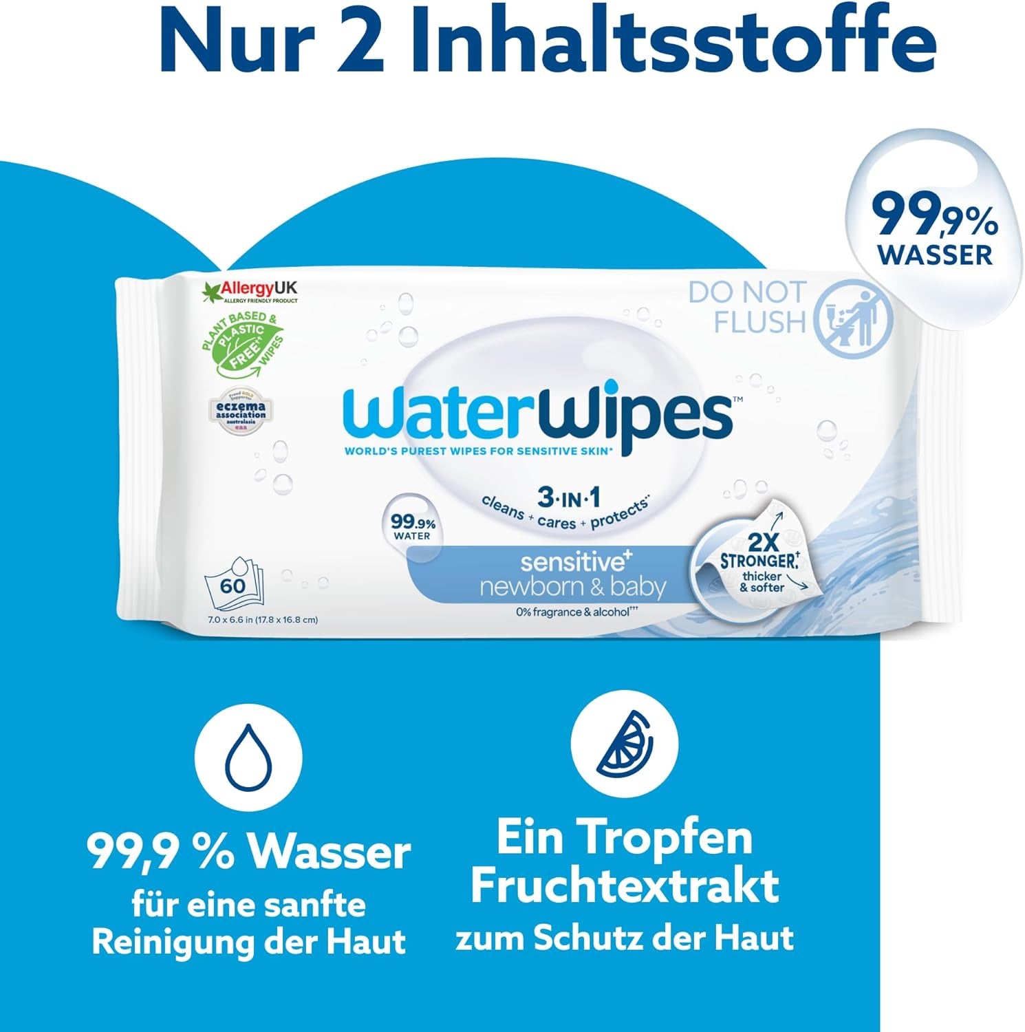 Șervețele umede WaterWipes Sensitive+ pentru nou-născuți și bebeluși, 720 bucăți (12 pachete), curățare, îngrijire, protecție 3 în 1, 99,9% apă, fără parfum