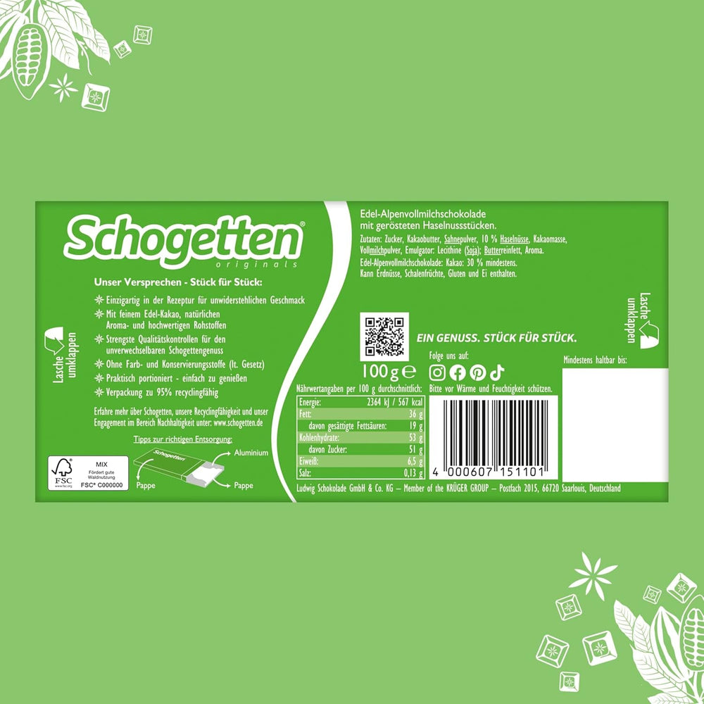 Ciocolată cu lapte alpină premium Schogetten cu alune, tabletă de ciocolată de 100 g, porționată individual. O încântare. Bucată cu bucată.