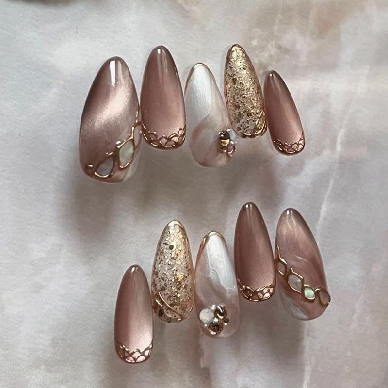 Mouyouglow Unghii False Magnetice Scurte, Roz Migdala Roșu Gradient Sclipici Cat Eye cu Lipici, Unghii Artificiale Roz Roșu Ombre Sclipici Fototerapie Pentru Femei și Fete
