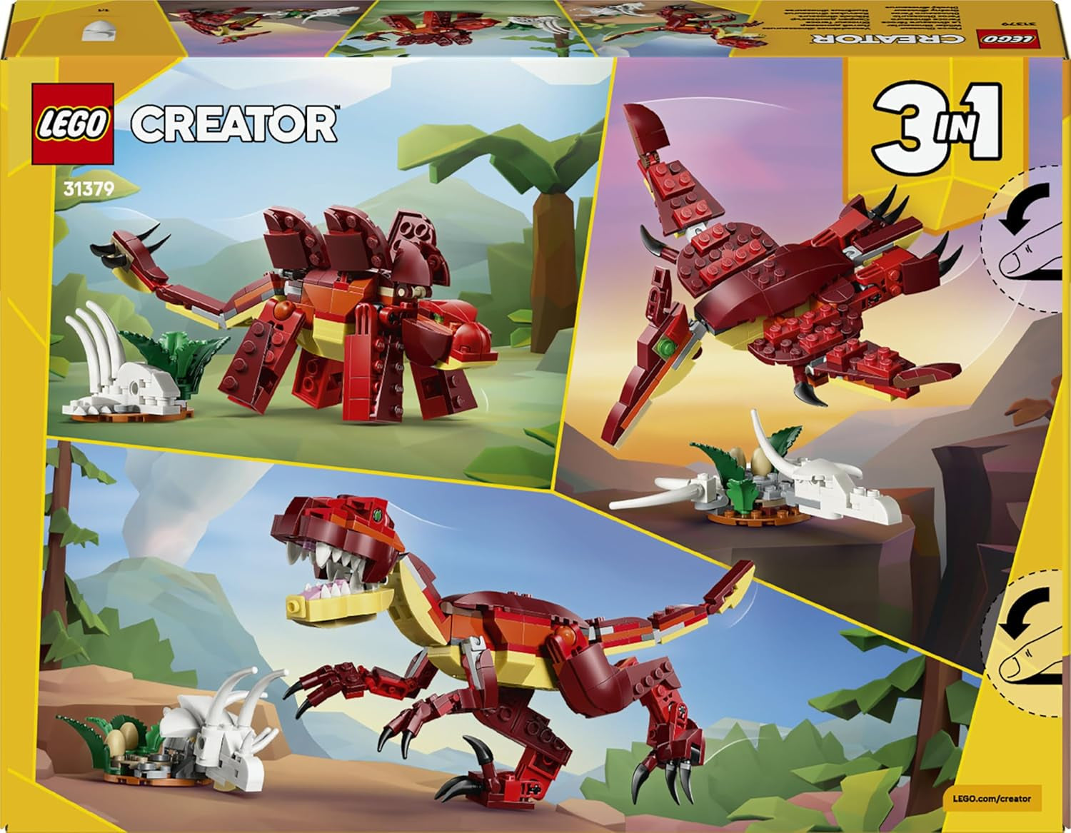 LEGO Creator 3in1 Fierce Dinosaur Toy - Build Velociraptor, Stegosaurus or Pterosaur Dino Figures w/Skeleton & Sharp Teeth Elements - Cool Birthday Gift Idea for 8+ Year Old Boys & Girls - 31379