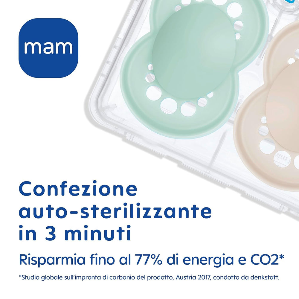 Suzetă MAM 6+ luni (pachet de 2) MAM 6-16 luni, strălucește în întuneric cu tetină de cauciuc, pachet de 2 cu suport sterilizator pentru suzetă, albastru deschis/albastru deschis