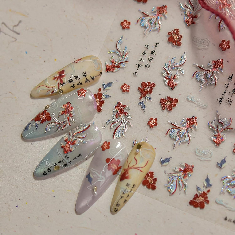 JMEOWIO 3D Nagelsticker Koi Fisch Nail Art Sticker Selbstklebend Nagelaufkleber 5D Stereoskopisch Dekoration Nageldesign Zubehör 1 Blatt