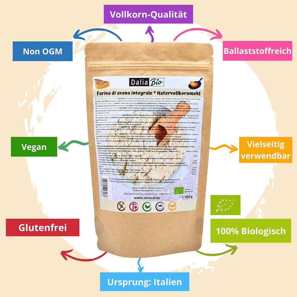 Dalia - Făină integrală de ovăz organică 500g | Fără gluten | Bogată în fibre și proteine | Origine: Italia | Pentru pâine, prăjituri, terci și rețete fitness | Calitate premium