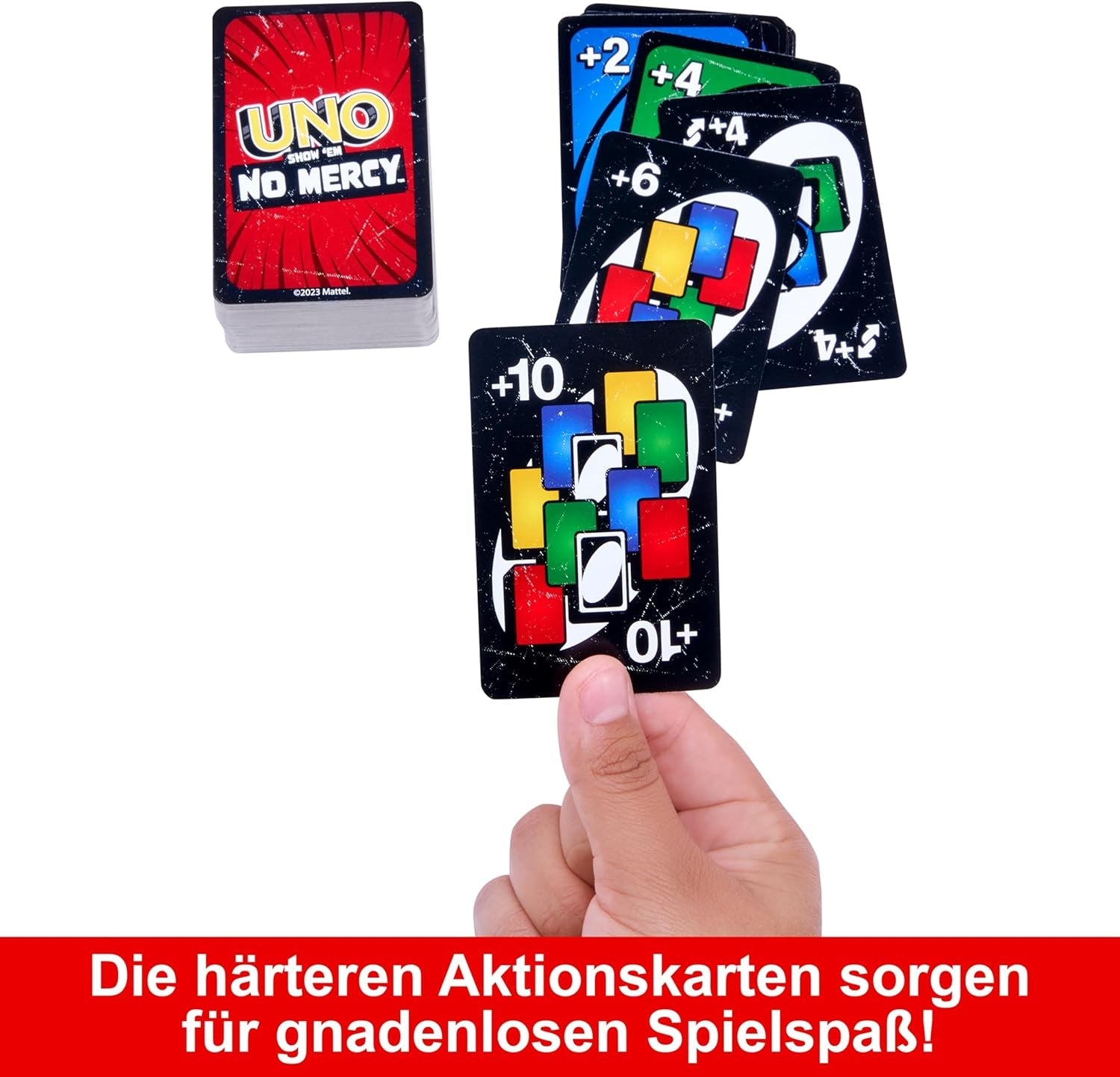 Mattel UNO Show 'em No Mercy - 56 de cărți suplimentare, cărți de acțiune dificile și reguli de joc brutale pentru cea mai nemiloasă versiune, regulă de stivă și schimb de cărți de mână, vârste 7+, HWV18
