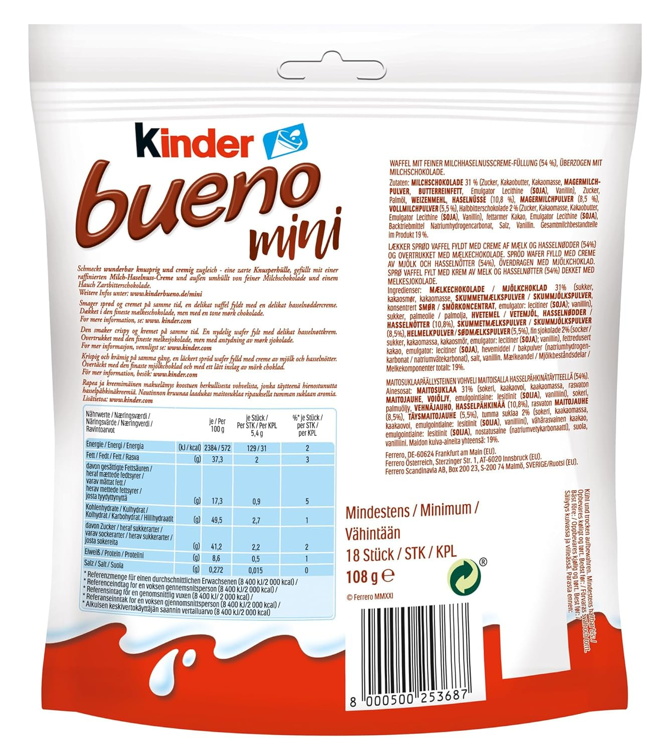 Kinder Bueno Mini – Batoane de ciocolată cu napolitană crocantă, cremă de lapte și alune și ciocolată fină cu lapte – Dulciuri pentru Carnaval – 1 pungă de mini batoane ambalate individual (1 x 108 g)