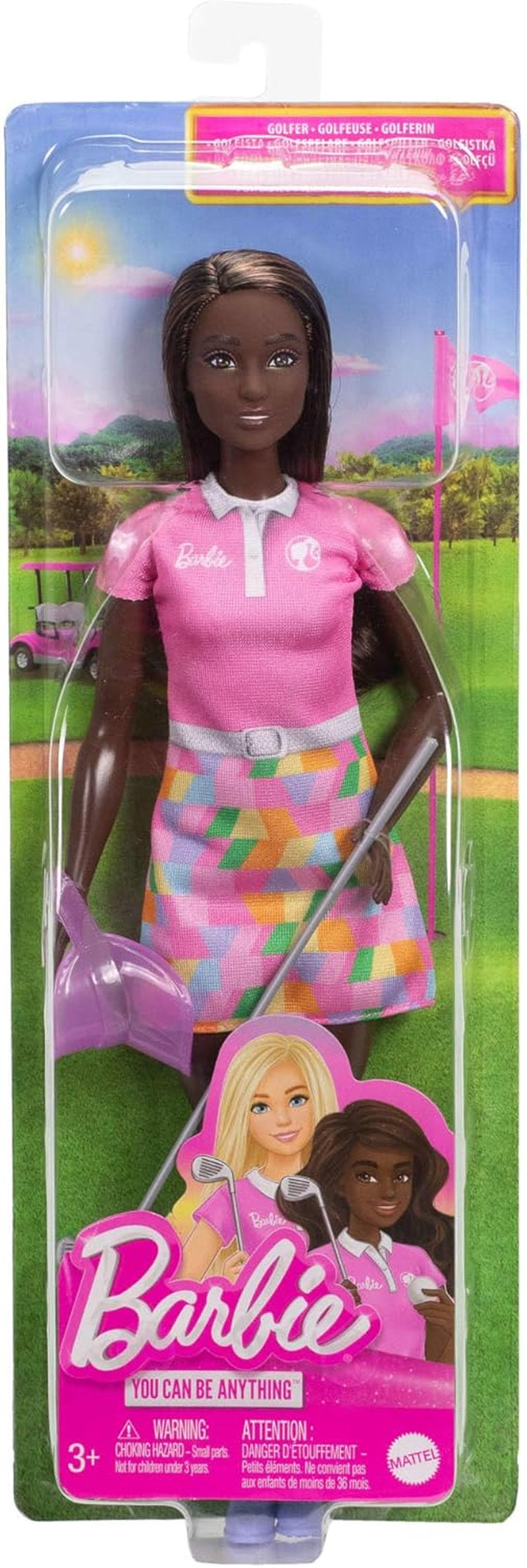 Barbie Golfer brünette Modepuppe in Abnehmbarer Pinker Polokleid-Golfuniform, enthält Schirmmütze und Golfschlägerzubehör, JCR69