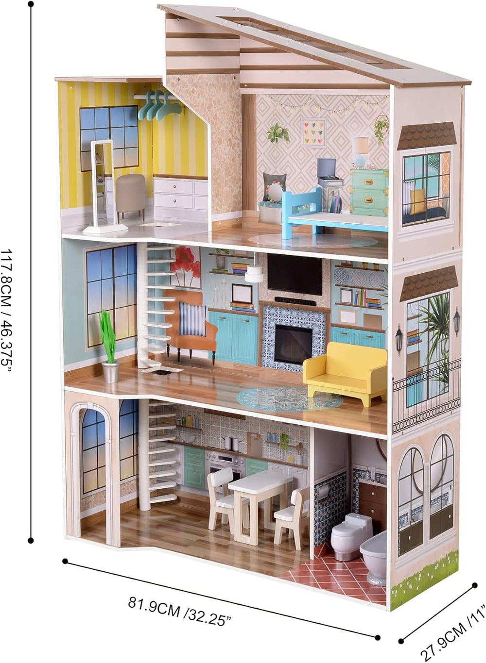 Olivia's Little World, casă de păpuși interactivă din lemn pentru copii, stil mediteranean contemporan, cu 3 etaje, cu 17 accesorii pentru mobilier de păpuși, multicoloră, TD-13551B