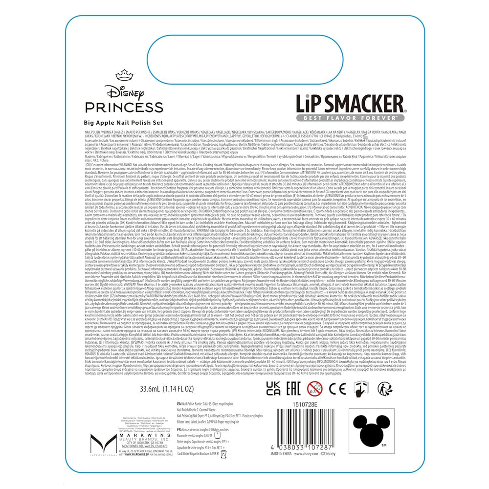 Set de ojă Lip Smacker Albă ca Zăpada Big Apple, set de ojă pentru copii cu 9 piese cu uscător de unghii electric, cadouri Disney Princess cu ojă pentru copii