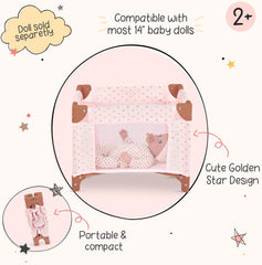 LullaBaby - Baby Puppen Laufstall - Faltbarer Puppen Laufstall in Rosa - Goldener Stern - Druckdesign - 36 cm Baby Puppe Kinderzimmer Zubehör - Vorgetäuschtes Spiel - Spielzeug für Kinder ab 2 Jahren
