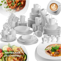 Set de veselă tectake® pentru 12 persoane, set de veselă din porțelan cu 100 de piese, inclusiv 12 farfurii, 12 farfurii de desert, 12 farfurii de sumă, 12 cești, 12 boluri pentru cereale, bol pentru salată, ulcior de lapte, zaharniță