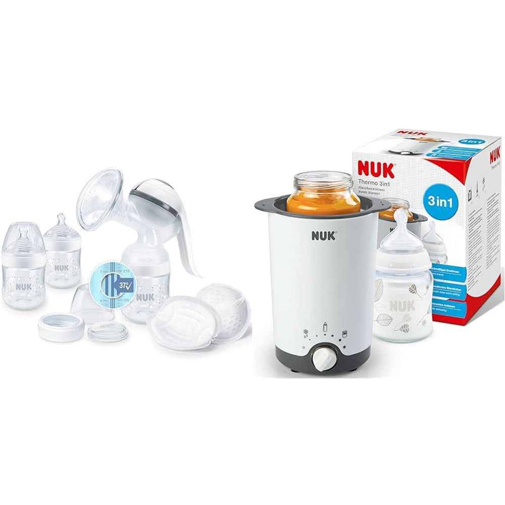 Pompă de sân manuală NUK Nature Sense | Set de alăptare cu pompă de sân manuală, biberoane și tampoane de alăptare Ultra Dry Comfort | 6 piese Accesorii Hrana si Alaptare Bebe Naty Shop Pachet cu încălzitor de biberoane Cu control al temperaturii