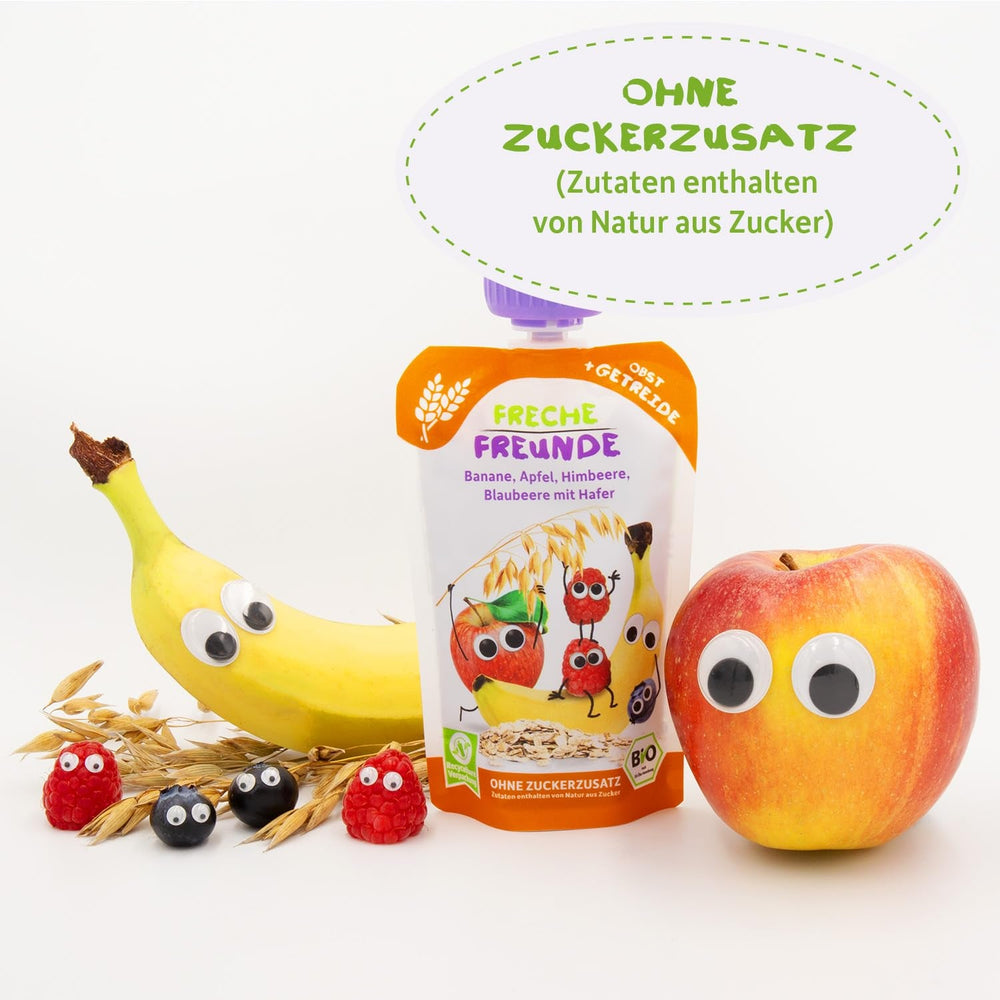 FRECHE FREUNDE Pliculeț cu fructe organice Banană, Măr, Zmeură, Afine cu ovăz, Piure de fructe cu cereale într-un pliculeț compresibil pentru bebeluși de la 6 luni, Vegan, Pachet de 6 (6 x 100g)