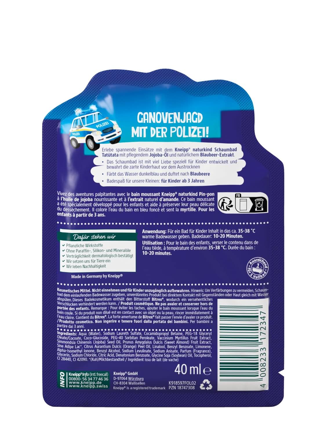 Kneipp Naturkind, aditiv de baie cu ulei de jojoba hrănitor și extract natural de afine, aromă de afine fructate, apă albastră, 40 ml Duș și baie Naty Shop