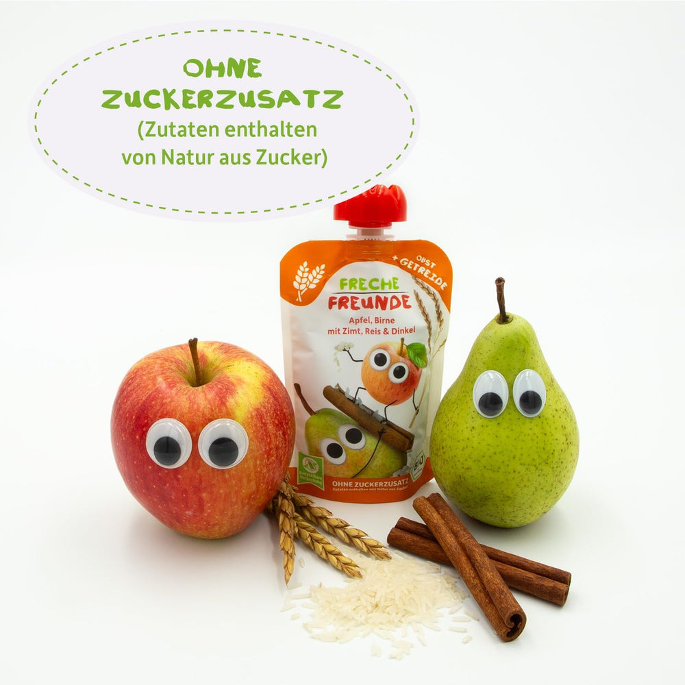 FRECHE FREUNDE Pungă de fructe organică, stoarcabilă, cu mere, pară cu scorțișoară, orez și speltă, piure de fructe cu cereale pentru bebeluși de la 6 luni, vegan, pachet de 6 (6 x 100g)