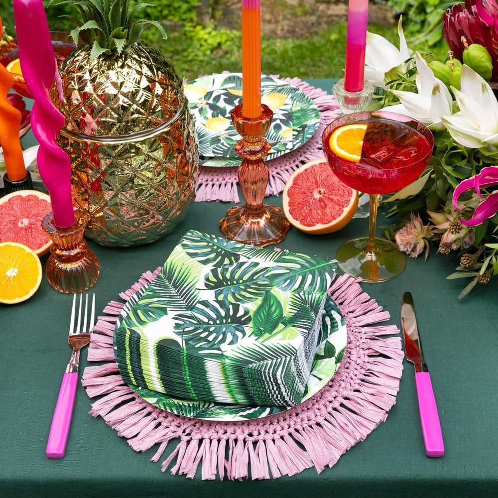 Pachet de 20 de șervețele tropicale | Șervețele de hârtie verzi cu design de frunze de palmier | Veselă de unică folosință pentru petrecerea copiilor, petrecerea Safari, junglă, dinozaur, vară, temă hawaiiană
