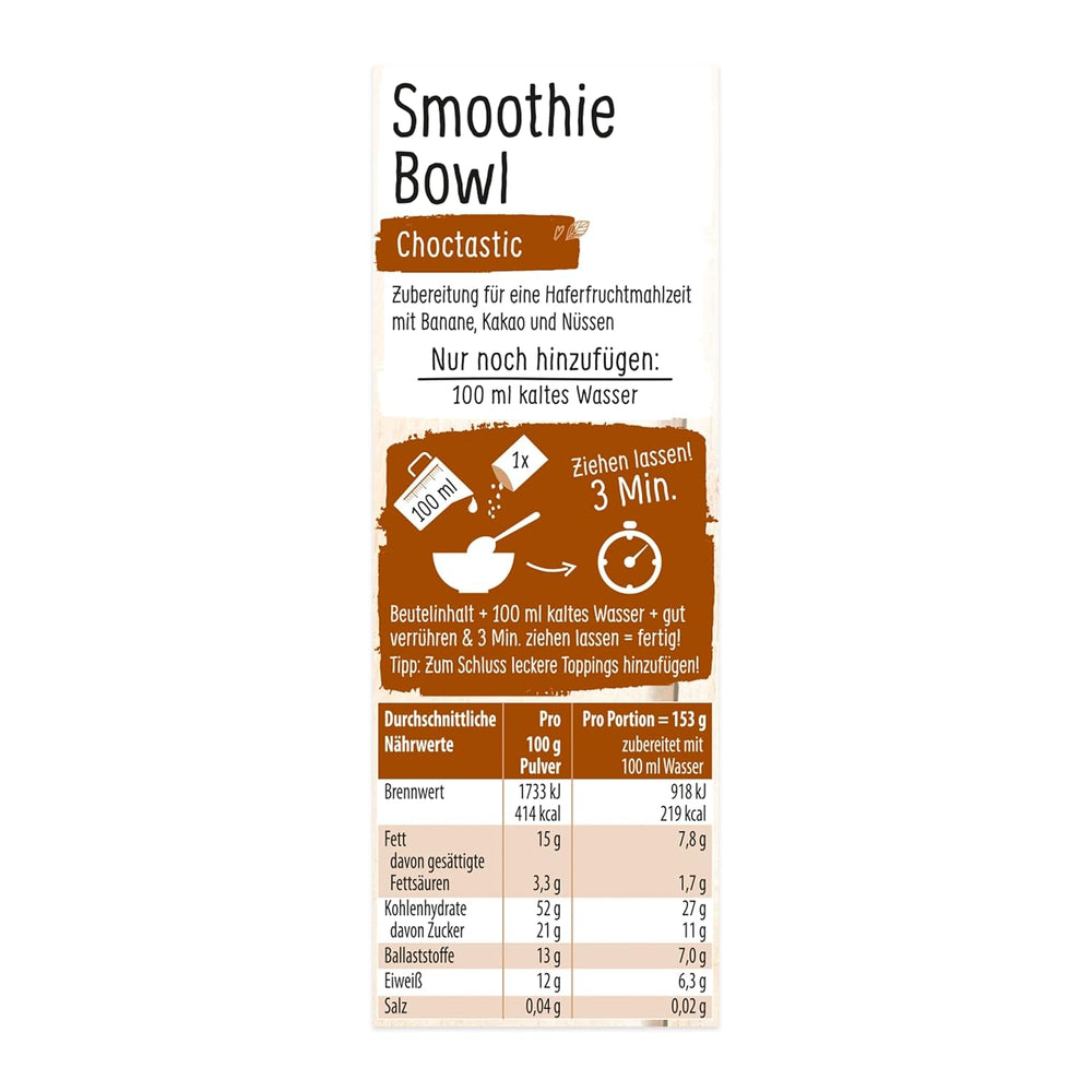 RUF Smoothie Bowl Gustare de mic dejun pe bază de ovăz cu nuci și banane, ciocolată, preparare rapidă și ușoară, vegană, 1 plic x 50g (pachet de 3)