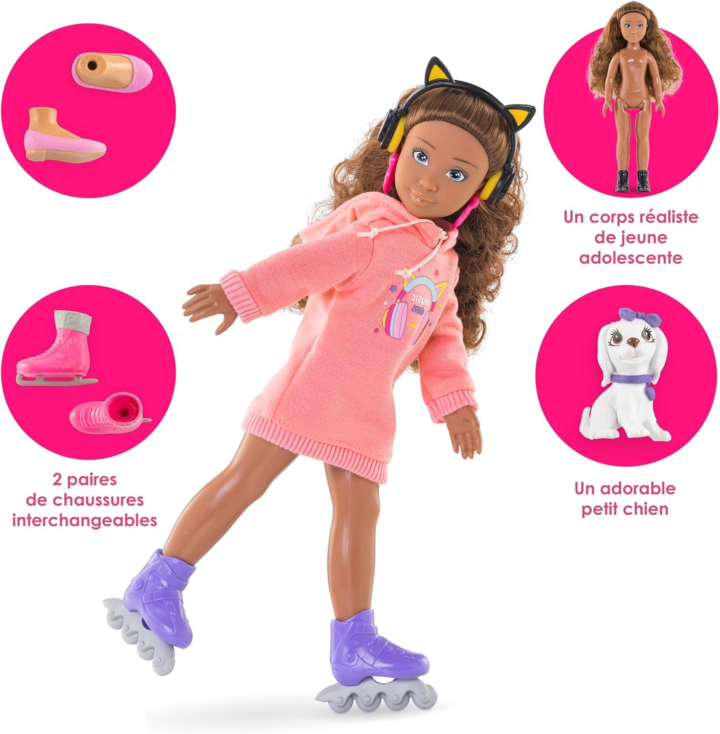 Corolle Girls Melody Music und Fashion Set, Ankleidepuppe im coolen Hoodiekleid mit Hund, trendy Kopfhörer, Ohrringe und extra Inlineskates, Vanilleduft, 28cm, ab 4 Jahren