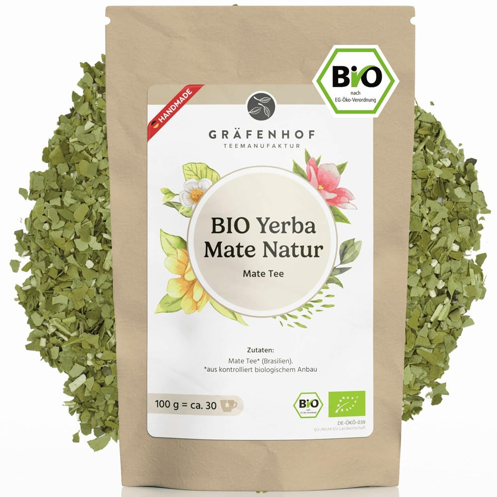 Ceai Yerba Mate Bio, originalul, 1 kg ceai mate vrac, conținut ridicat de cofeină, neprăjit, uscat la aer, analizat în laborator, frunze de mate ambalate în Germania, calitate premium Gräfenhof