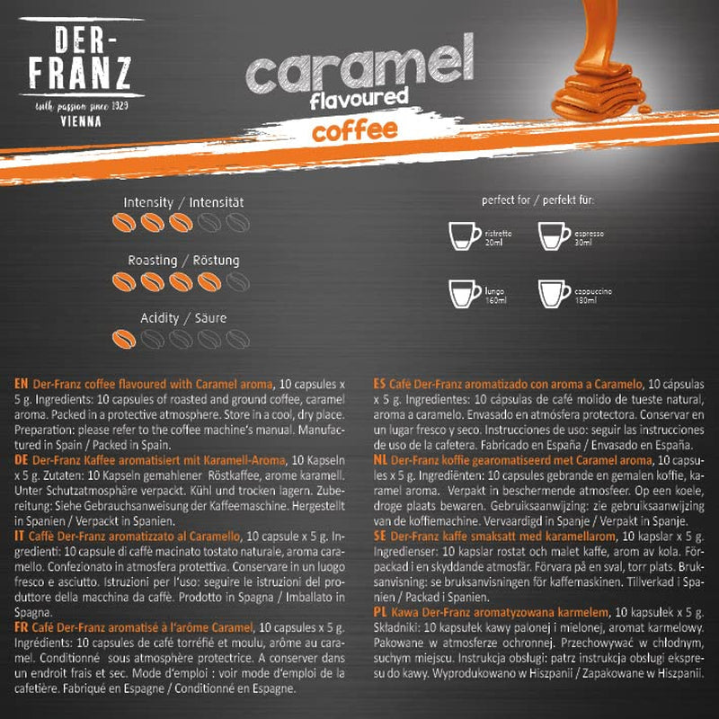 Der-Franz Nespresso kompatible Kaffee Kapseln, 6 x 10 Kapseln, Karamell Aroma, Medium Roast