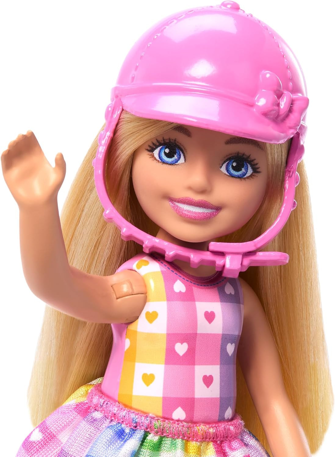 Barbie Chelsea und Pony Puppe und Pony - Aufsatteln zur Spielzeit für sicheres Sitzen auf dem Pferd, rosa Sattel und Steigbügeln, inklusive Helm und süßem Karo-Kleid, für Kinder ab 3 Jahren, HTK29
