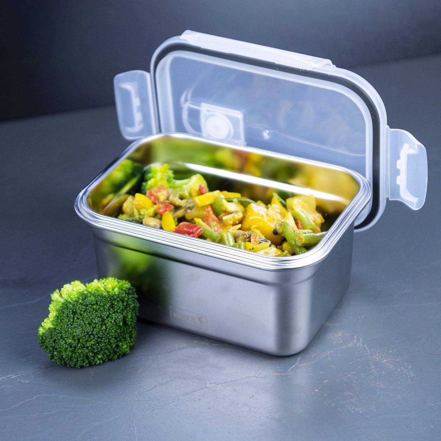 Lurch 240895 Cutie de prânz Cutie de siguranță/de depozitare din oțel inoxidabil de înaltă calitate cu capac din plastic fără BPA 2000ml, transparent Cutii depozitare alimente Naty Shop