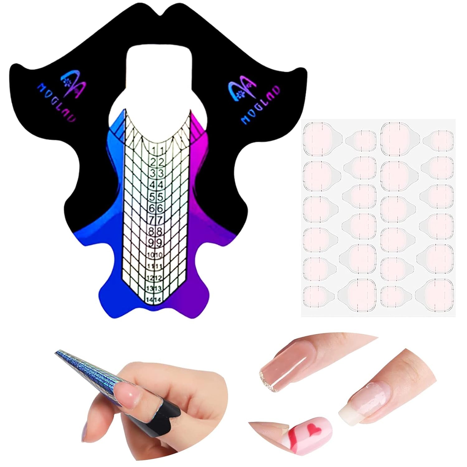 ® 100 de șabloane pentru unghii și 1 foaie cu 24 de dischete adezive transparente pentru unghii, șabloane pentru extensii de unghii, șabloane autoadezive pentru extensii de unghii cu gel, accesorii pentru unghii artificiale