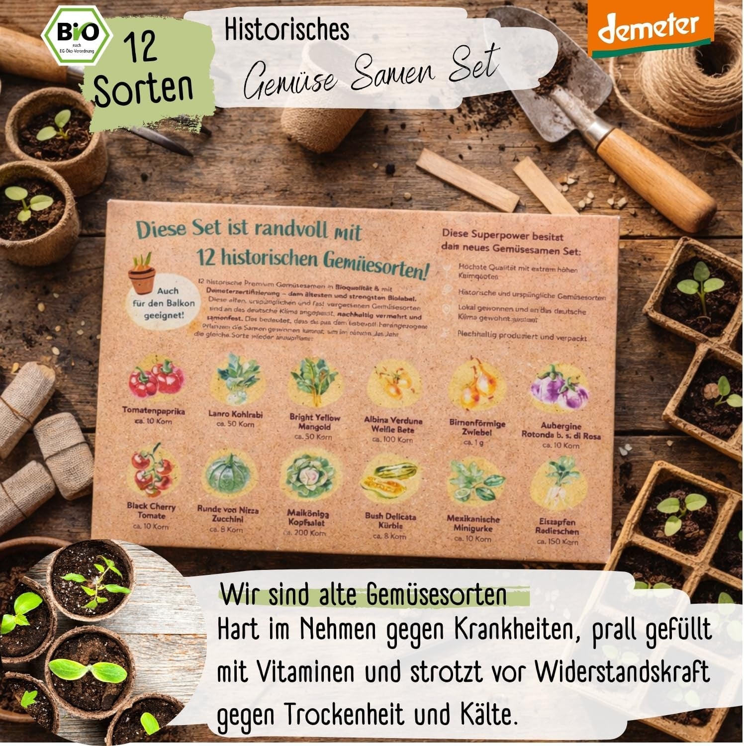 Set de semințe de legume organice - 12 varietăți de semințe de legume Demeter | Semințe de legume rare și de familie, toate polenizate liber | Soiuri de legume de familie pentru balcoane, paturi înalte, grădini și cadou | Loveplants