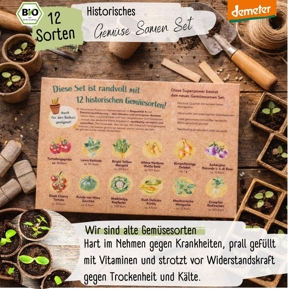 Set de semințe de legume organice - 12 varietăți de semințe de legume Demeter | Semințe de legume rare și de familie, toate polenizate liber | Soiuri de legume de familie pentru balcoane, paturi înalte, grădini și cadou | Loveplants