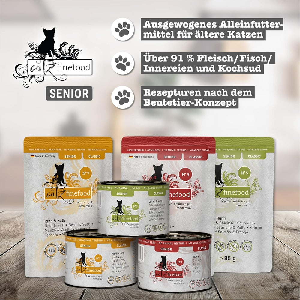catz finefood Senior Collection Katzenfutter nass - Premium Nassfutter für Ihre Senior Katze - getreidefrei, ohne Zucker, hoher Fleischanteil, Vitamine & Mineralien (6 x 200g Dose)