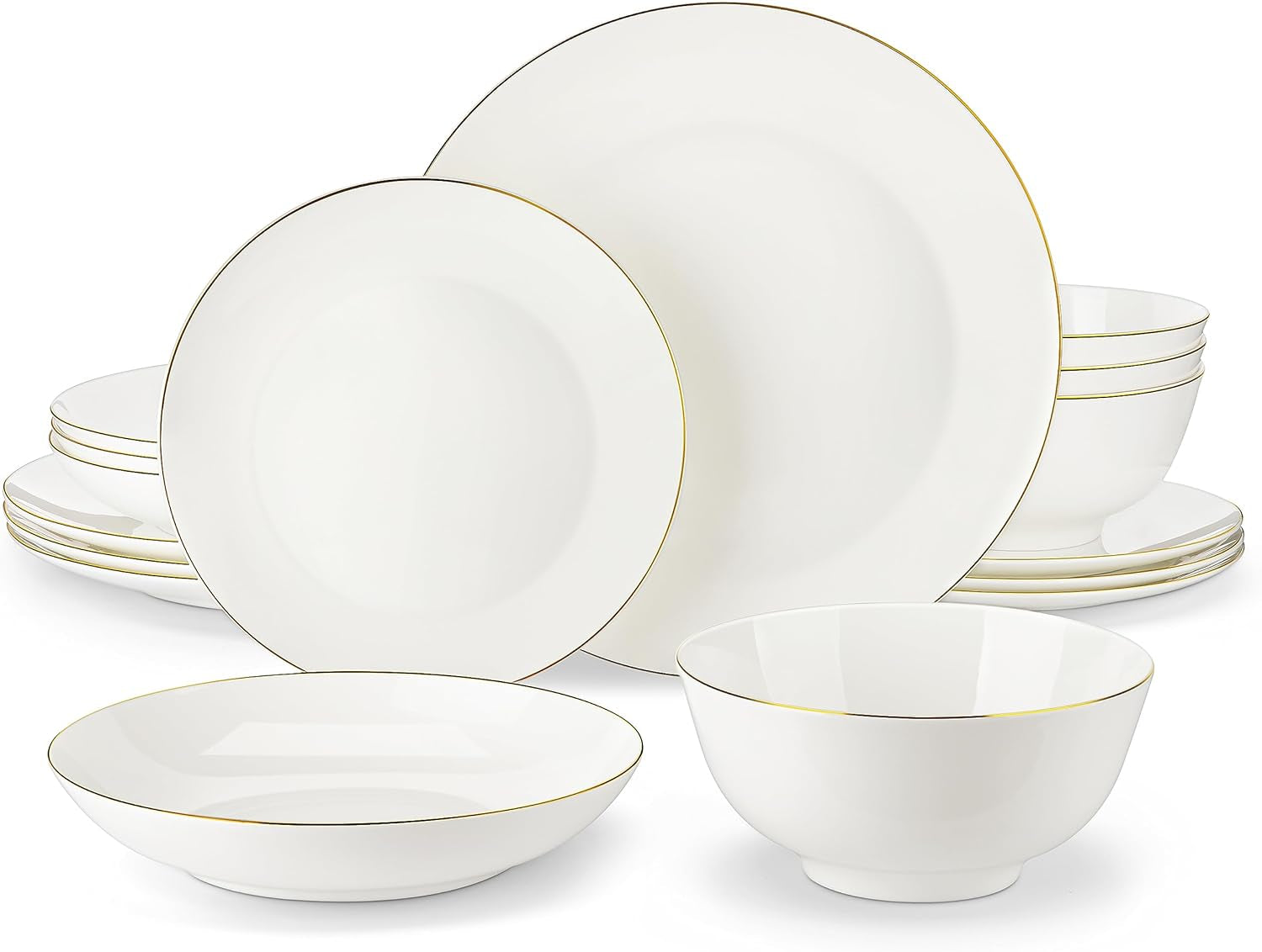 Set de veselă MALACASA pentru 4 persoane, set de veselă din porțelan os, format din 16 piese, set combinat rotund alb cu margine aurie, cu 4 farfurii de cină, 4 farfurii de desert, 4 farfurii de sumă și 4 boluri pentru cereale, seria NORI