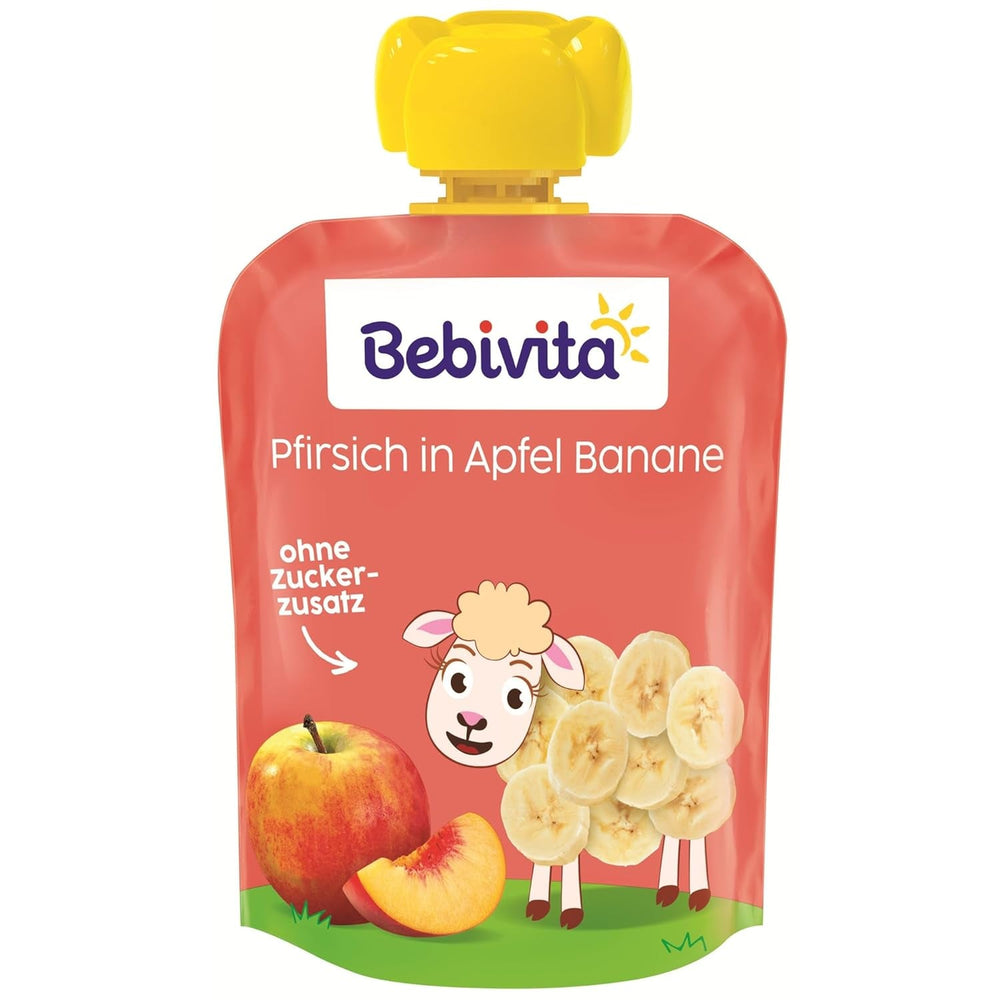 Pliculețe stoarcibile cu piersici, măr și banane – 16 bucăți (pachet de 4, 4 x 90 g fiecare), fără zahăr adăugat, fără gluten, ideale pentru gustări la pachet și pentru consumul independent