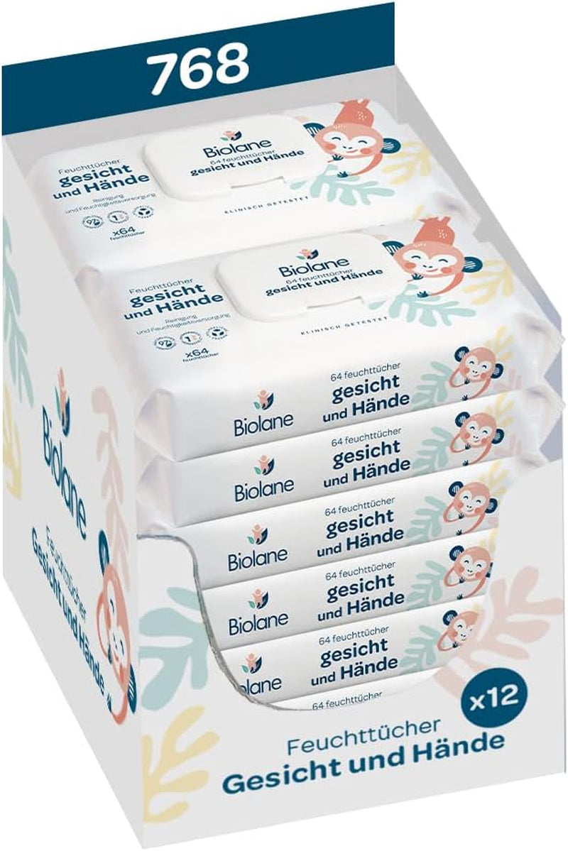 BIOLANE - Șervețele umede pentru bebeluși, pentru față și mâini - Șervețele de curățare extra delicate pentru igienă - Șervețele umede pentru bebeluși de la naștere - Fără alcool - 12 x 64 șervețele (768 șervețele)