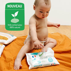 Șervețele umede pentru bebeluși cu apă – fără parfum și alergeni – 9 bucăți – piele normală și sensibilă – curăță și calmează – fibre de origine 100% naturală – fabricate în Franța – 522 de șervețele
