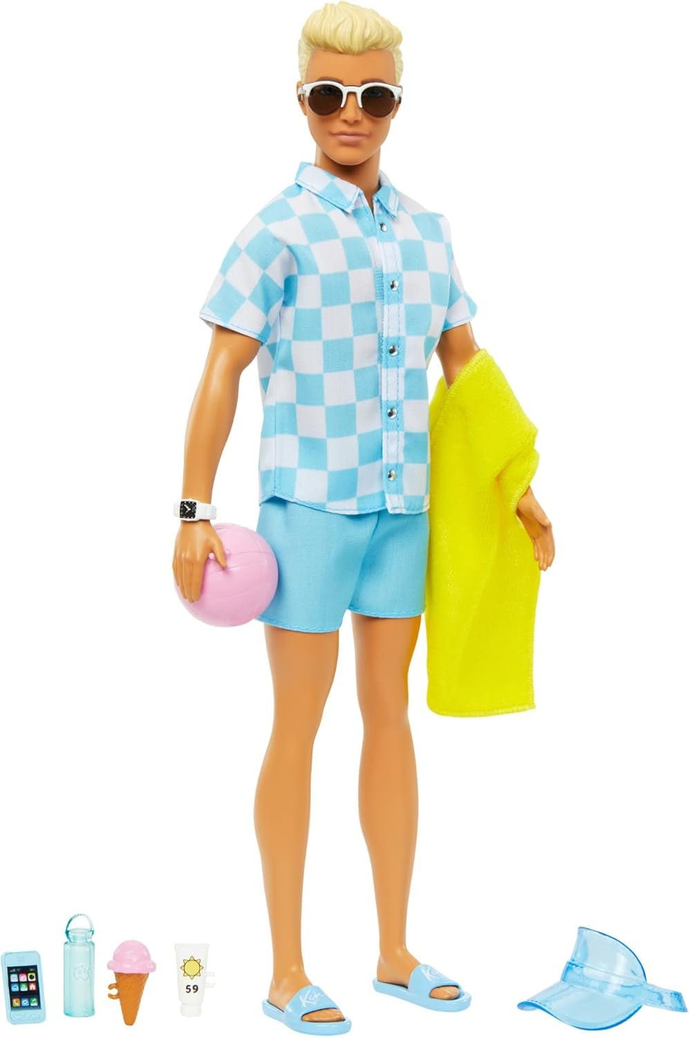 Barbie Ken - Păpușă blondă cu cămașă albastră și șorț de baie, accesorii de plajă și minge de plajă pentru joacă creativă, pentru copii cu vârsta de 3 ani și peste, HPL74