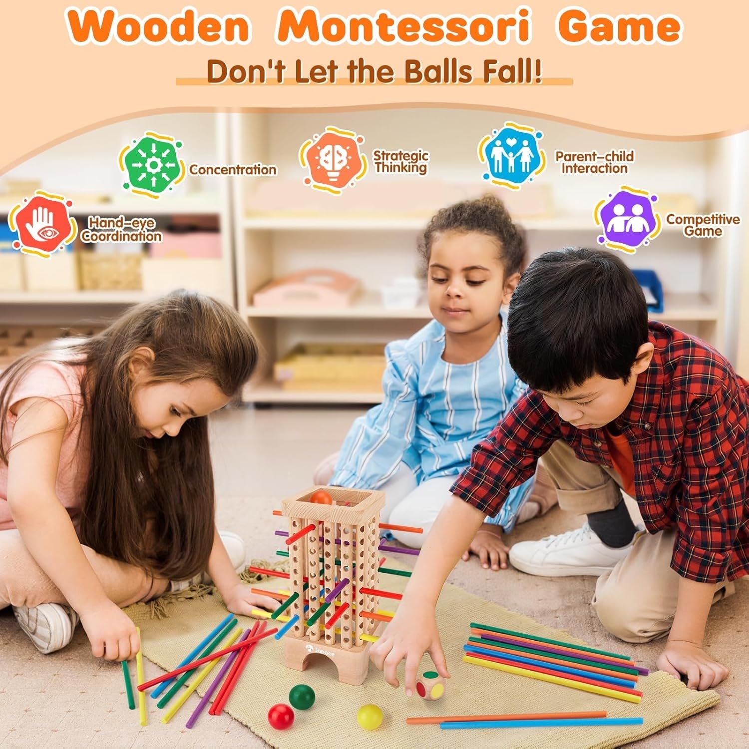 Joc de societate Montessori din lemn Japace, 42 de bețe de lemn colorate, joc de zaruri, jucărie de învățare a matematicii pentru vârste de 3, 4, 5, 6 ani, jucărie de motricitate fină și numărare, joc de familie, joc de călătorie pentru copii