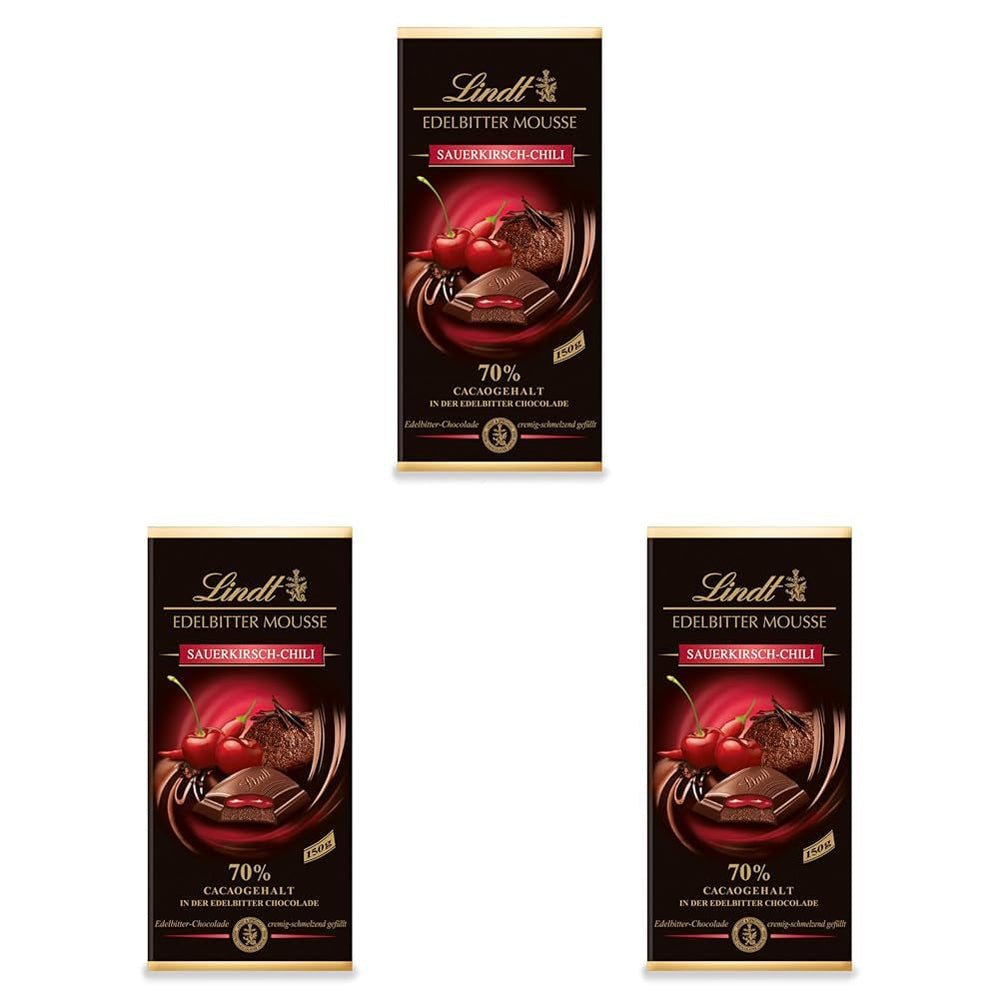 Mousse de ciocolată neagră Lindt cu chili și vișine | Baton 150g | Cu 70% conținut de cacao și umplutură de mousse de ciocolată neagră și chili cu vișine | Baton de ciocolată | Ciocolată neagră