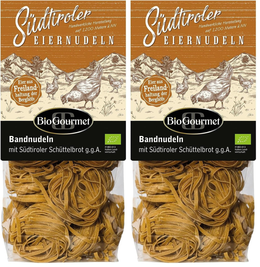 Tăiței panglică BioGourmet cu Schüttelbrot din Tirolul de Sud (IGP) | Tăiței de ou sărați și aromati cu speck autentic din Tirolul de Sud | 1 x 250g Bio