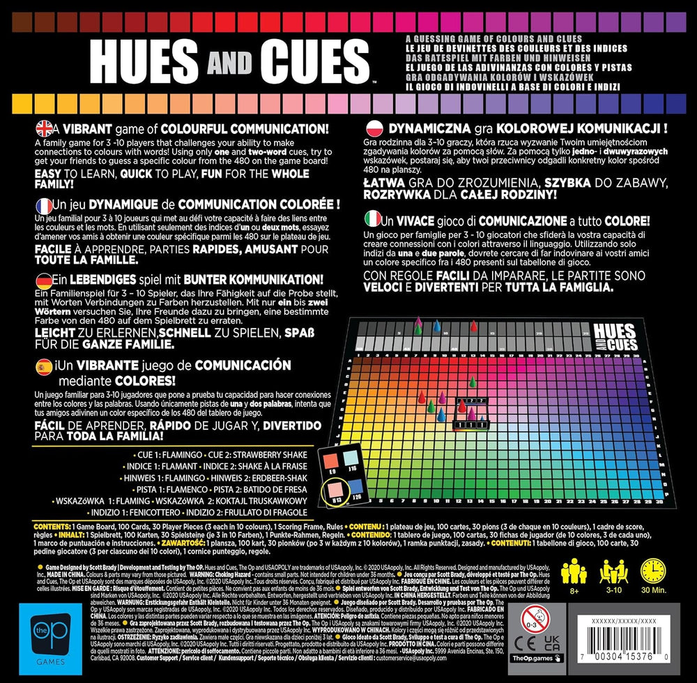 The OP | Joc de societate multilingv Hues and Cues în germană pentru întreaga familie | Joc de petrecere pentru 3-10 jucători | Joc animat de ghicit culorile | Conectează indicii din 480 de pătrate colorate